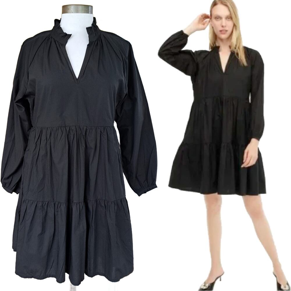 J CREW Black Poplin Tiered Popover Mini Dress Size Small Long Sleeve